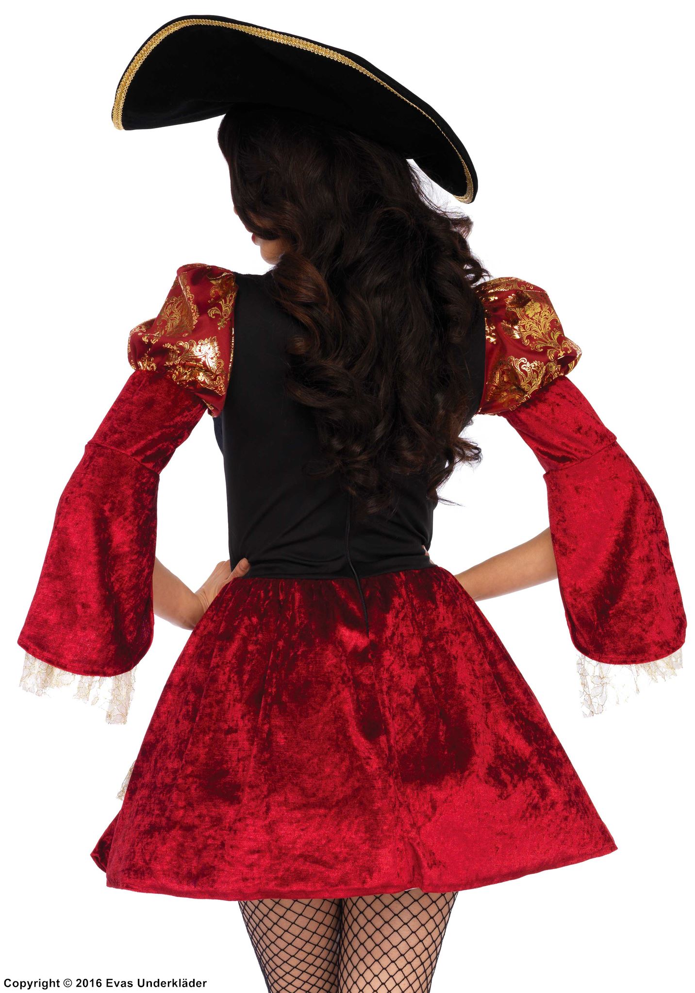 Female musketeer, costume dress, lace trim, ruffles, buckle, velvet